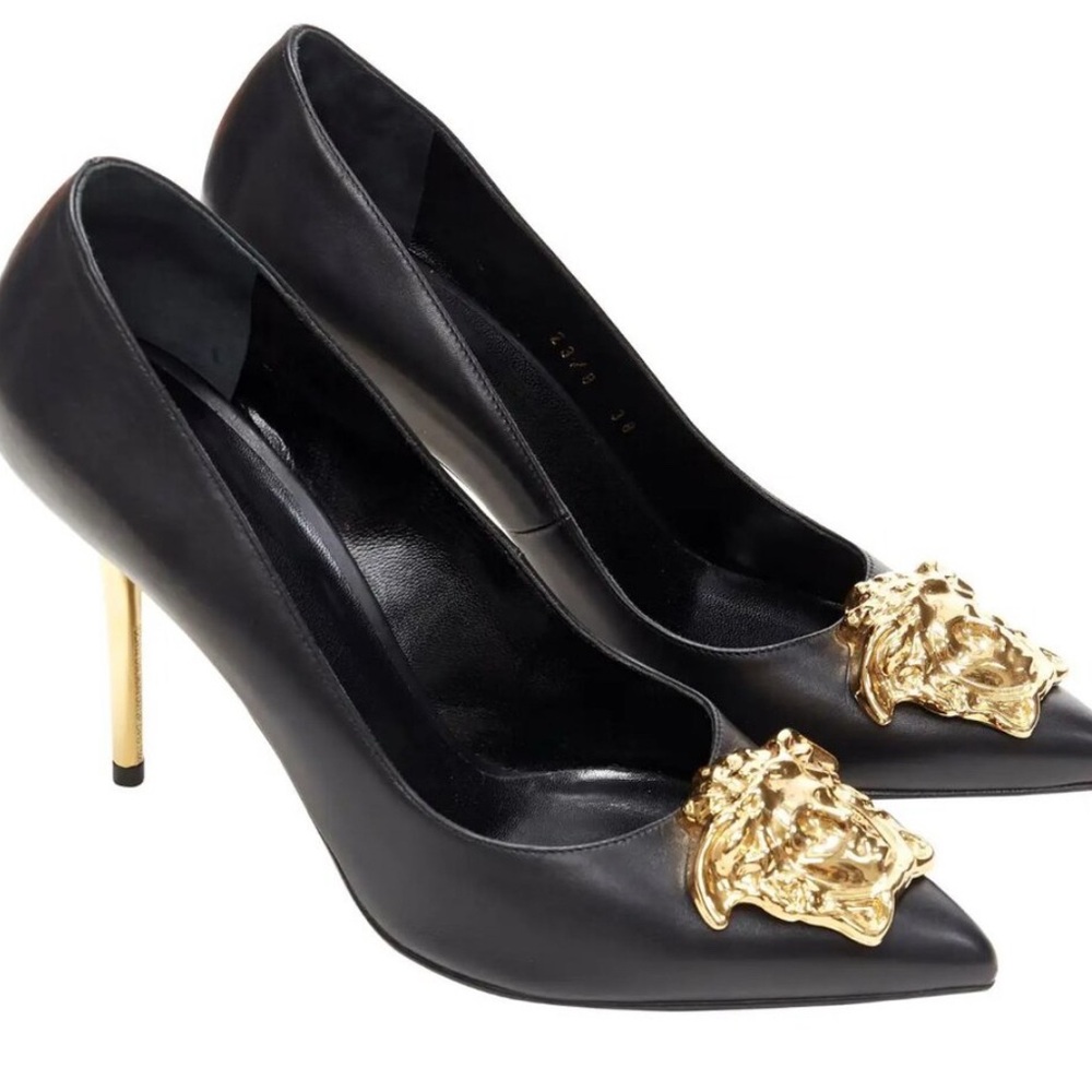 Versace Black Heels with Gold Medusa Detail